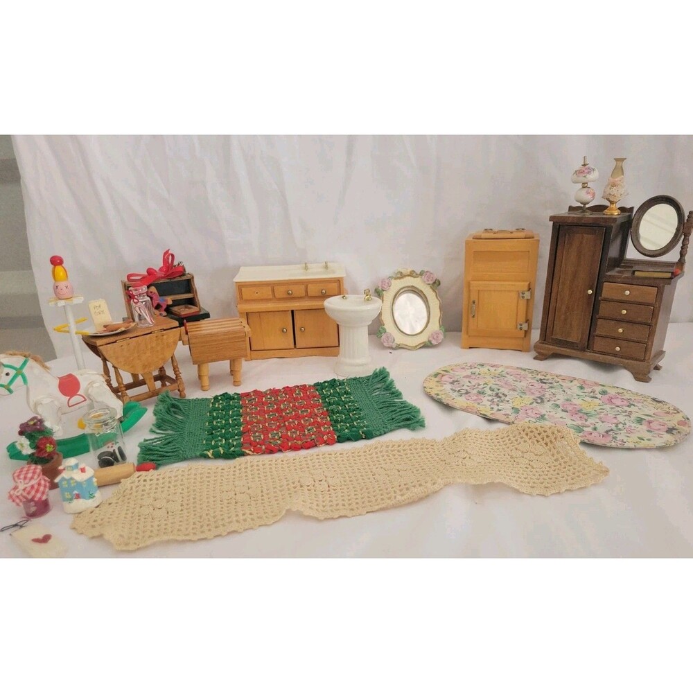 Vintage Dollhouse Miniature Furniture Lot Wooden Kitchen Bath Rugs Rocking Horse